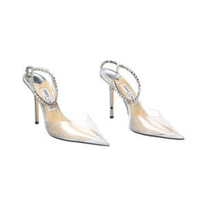 Jimmy Choo Saeda 100 Glitter Plexi & Leather Pump (Authentic Pre-Loved), Silver